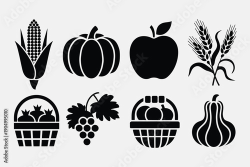 Black and white icons representing various autumn harvest symbols and produce isolated on white background, Vector, illustration