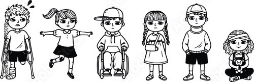 Line art row of diverse children with disabilities standing and sitting including crutches wheelchair bandage smiling friendly illustration black white