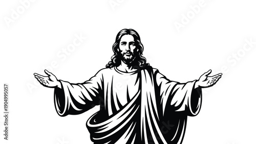 Jesus Christ with open arms in black and white religious