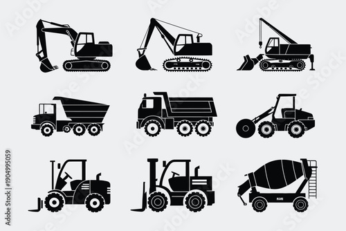 Collection of heavy construction equipment silhouettes in black and white isolated on white background, Vector, illustration