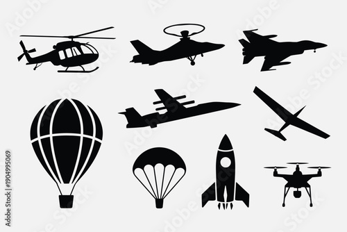 Diverse collection of iconic aircraft and flight vehicles in black silhouette style isolated on white background, Vector, illustration