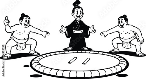 Retro cartoon vector three sumo wrestlers and referee around circular dohyo ring preparing to grapple in ink line art