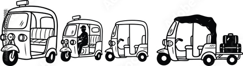 Line art profile view set of four tuk tuk autorickshaws in row various sizes and passenger luggage monochrome