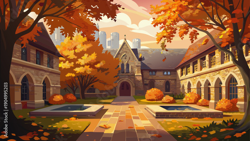 Very beautiful autumn courtyard at Princeton University, featuring warm foliage, historic stone buildings, and a tranquil academic atmosphere rooted in Ivy League tradition.