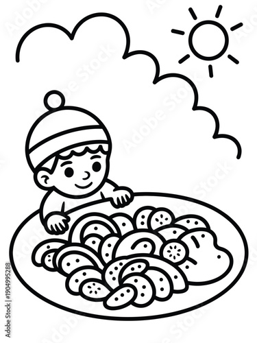 Baby enjoying a plate of delicious donuts under a sunny sky isolated on white background, Vector, illustration