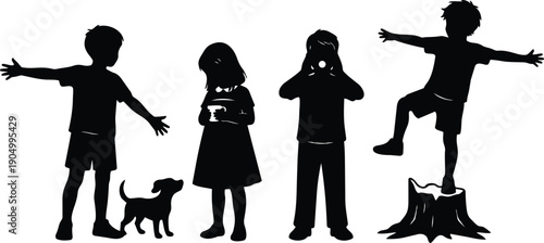 Minimalist silhouette vector of four children and small dog playing outdoors one child balancing on tree stump looking at camera