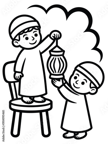 Children celebrating with a traditional lantern during a festive occasion isolated on white background, Vector, illustration