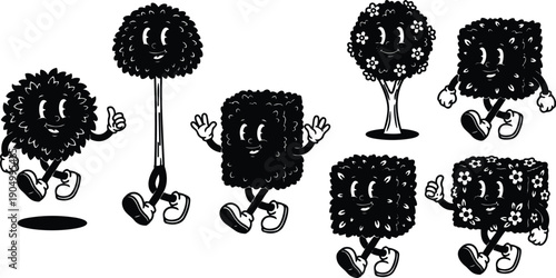 Tattoo flash style walking shrub and cube bush characters smiling looking at camera black and white vector art retro playful