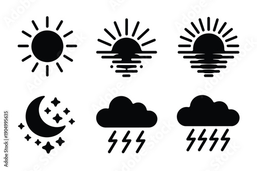 Six distinct weather condition icons representing sunny, rainy, and nighttime scenarios isolated on white background, Vector, illustration