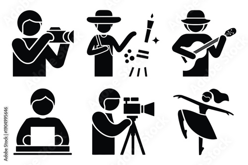 Six icons representing different artistic and creative professions and hobbies. isolated on white background, Vector, illustration
