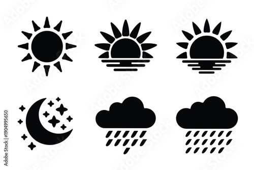 Six distinct weather condition icons representing sunny, sunset, moon, rain, and cloudy skies isolated on white background, Vector, illustration