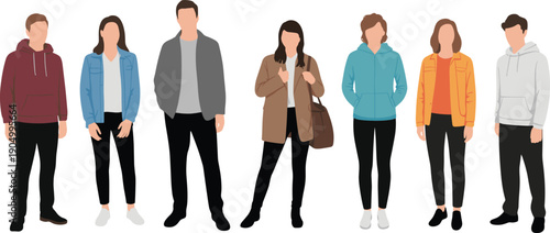 Casual People Illustration Set Showing Diverse Men and Women in Modern Everyday Clothing, Neutral Standing Poses, Flat Vector Characters for Lifestyle Design