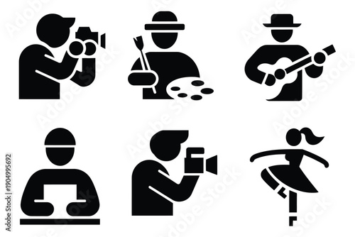 Six icons depicting various artistic and creative professions and activities isolated on white background, Vector, illustration