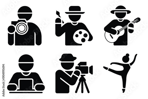 Six icons representing various creative and artistic professions isolated on white background, Vector, illustration