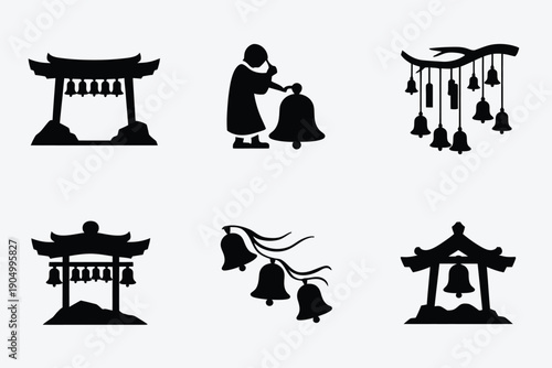 Traditional japanese cultural symbols and practices depicted in silhouette style isolated on white background, Vector, illustration