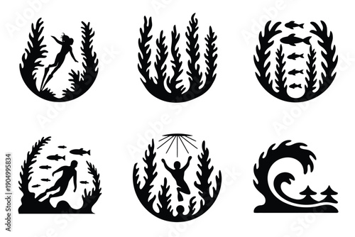 Historical and symbolic emblems featuring laurel wreaths and mythological motifs isolated on white background, Vector, illustration