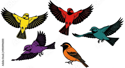 Colorful birds flying in different directions against a clean background from an aerial viewpoint