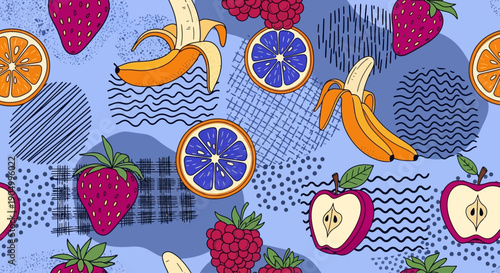 Fruit Pattern with Bananas, Strawberries, and Apples on a Blue Background from a Direct Viewpoint
