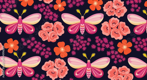 A vibrant pattern of butterflies and flowers on a dark background, viewed from directly above, showcasing a lively atmosphere and colorful design.