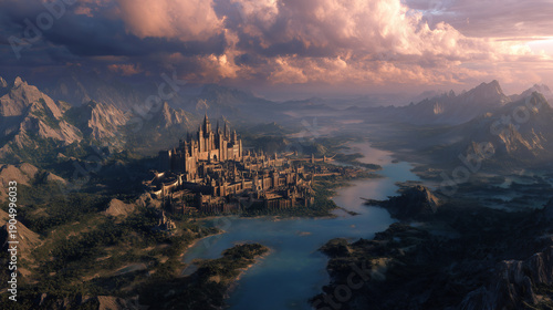 Epic fantasy city and medieval castle built on mountain hills by the river, majestic kingdom landscape at sunset with dramatic clouds and mist, cinematic world building