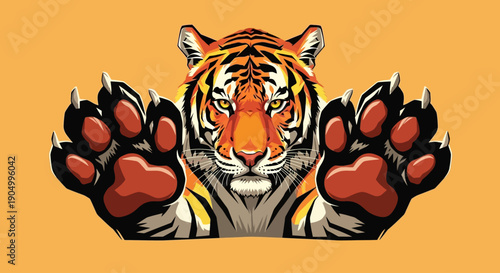 Tiger's Powerful Paws Outstretched in an Orange Illustration from a Front View