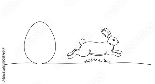 A simple black line drawing of a rabbit running past a large egg on the ground viewed from the side