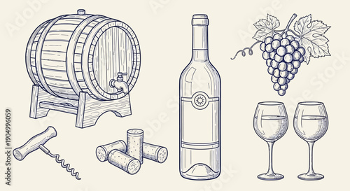 A wine-themed illustration featuring barrel, bottle, grapes, corkscrew, and glasses from a straightforward viewpoint