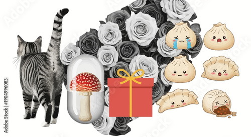 A black and white cat stands beside a bouquet of roses with a gift box and dumplings nearby in a whimsical illustration.