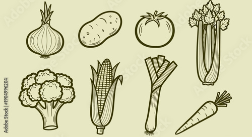 Assortment of hand-drawn vegetables including onion, potato, and broccoli in a simple illustration style