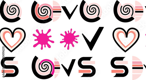 Abstract pattern featuring contrasting symbols and shapes in a graphic design layout