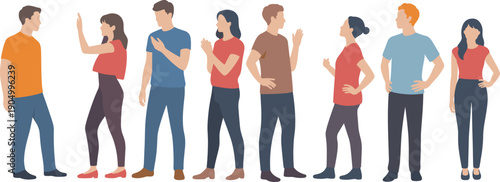 People Standing and Communicating Illustration Showing Diverse Men and Women, Casual Clothing, Social Interaction Gestures, Modern Flat Vector Characters for Lifestyle Concepts