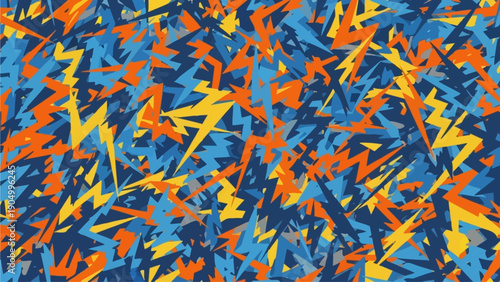 Vibrant abstract pattern featuring dynamic shapes in blue, orange, and yellow hues, viewed from a straight-on perspective