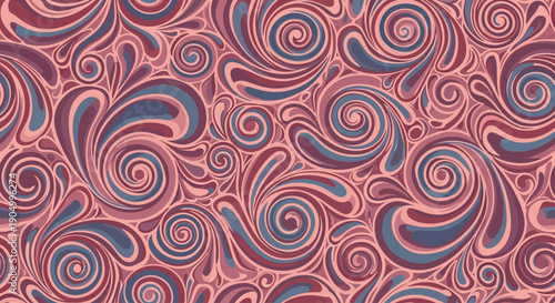 Vibrant swirling patterns of blue and red shapes on a pink background viewed from directly above