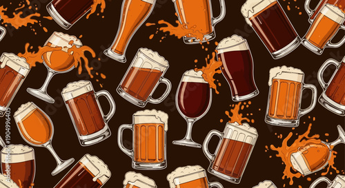 Assorted beer glasses and mugs pattern with splashes on a dark background viewed from directly above
