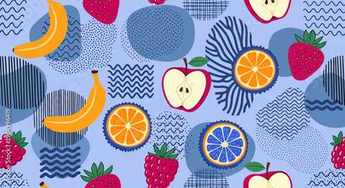 A vibrant pattern featuring assorted fruit and abstract shapes on a blue background from a top-down viewpoint