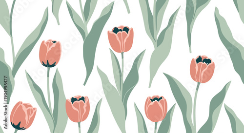 A vibrant illustration featuring tulips and leaves in a repeating pattern from a direct viewpoint
