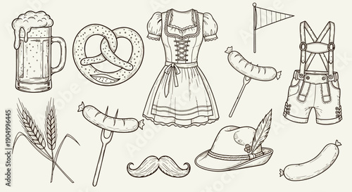 Collection of traditional German festival elements including beer, pretzel, and lederhosen displayed together in a detailed illustration
