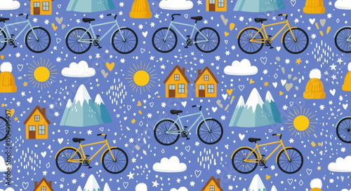 A vibrant pattern of bicycles, houses, and mountains against a blue background, viewed from above.