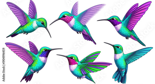 Multiple vibrant hummingbirds in mid-flight, showcasing their iridescent plumage and dynamic wing movements against a clean backdrop