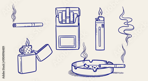 Assorted smoking items and accessories displayed on a surface viewed from directly above in a simple illustration