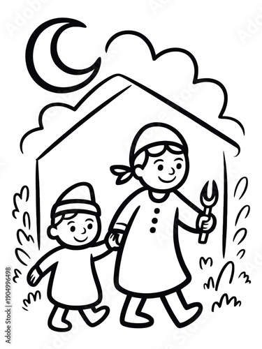 A heartwarming nighttime scene of a woman guiding a child home with lanterns. isolated on white background, Vector, illustration