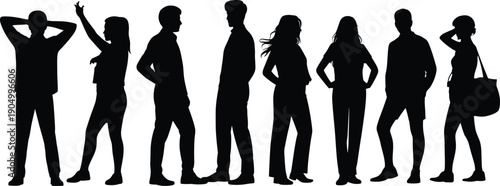 Standing People Silhouette Set Showing Diverse Male and Female Poses, Casual Urban Lifestyle, Fashion Attitudes, Isolated Black Vector Illustration on White Background
