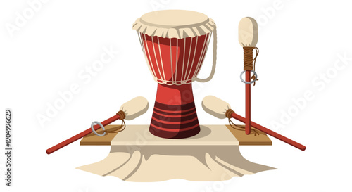 Djembe drum and drumsticks on cloth, traditional African music instrument setup for cultural performance or practice session illustration