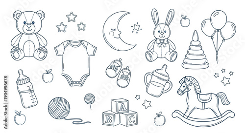 Collection of baby items including toys and clothing displayed in a simple line drawing style from a straightforward viewpoint.