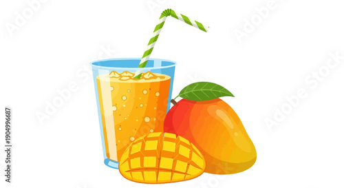 Fresh mango juice with sliced mango and whole mango on a white background, viewed from the front.