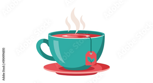 Steaming cup of tea on a saucer viewed from above in a cozy setting