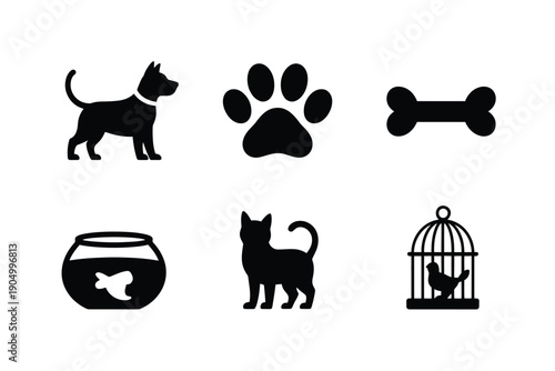 Black and white icons representing pets and their accessories isolated on white background, Vector, illustration