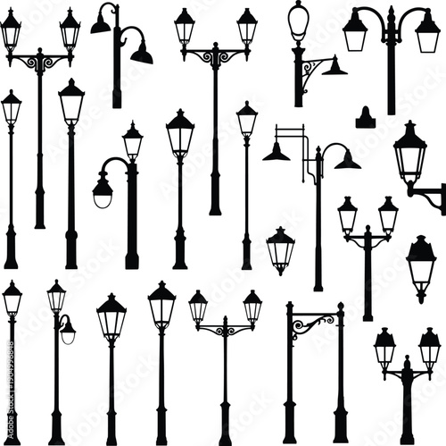 Vintage Street Lamp Silhouettes Collection Featuring Classic Urban Lantern Designs, Outdoor City Lighting Elements, Isolated Black Vector Illustration Set on White Background