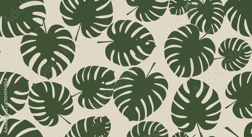 Tropical leaves pattern viewed from above with Monstera, Foliage, Plants, Nature, and Greenery elements in a seamless illustration