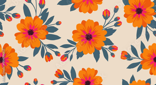 Vibrant orange flowers and leaves pattern on a seamless background viewed from directly above